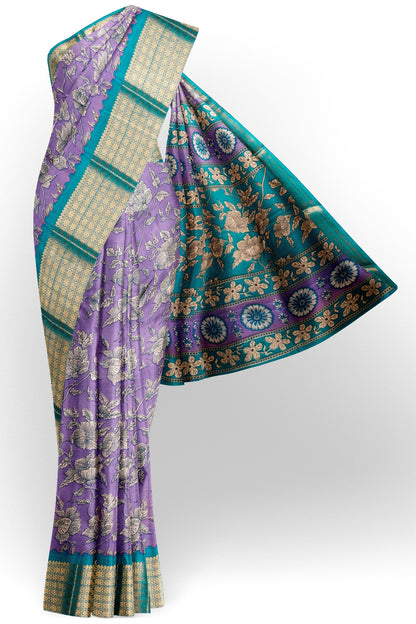 Violet Semi Dola Summer Florals Print Zari Border Saree