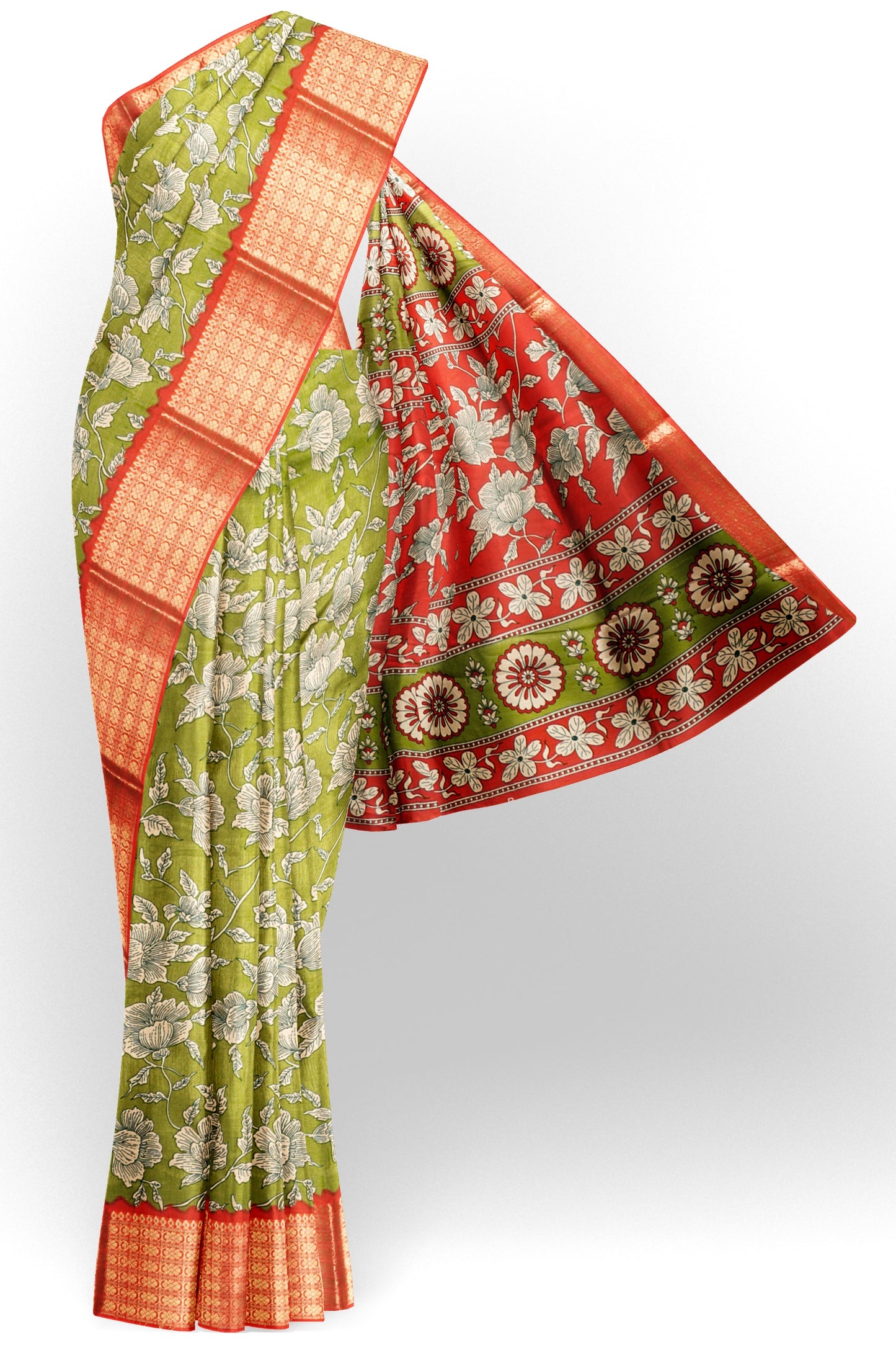 Olive Green Semi Dola Summer Florals Print Zari Border Saree