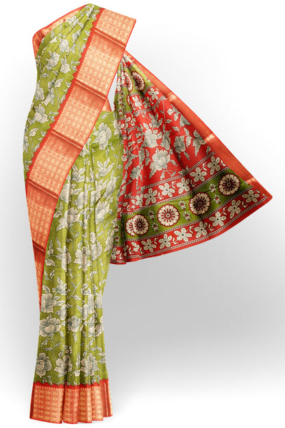 Olive Green Semi Dola Summer Florals Print Zari Border Saree