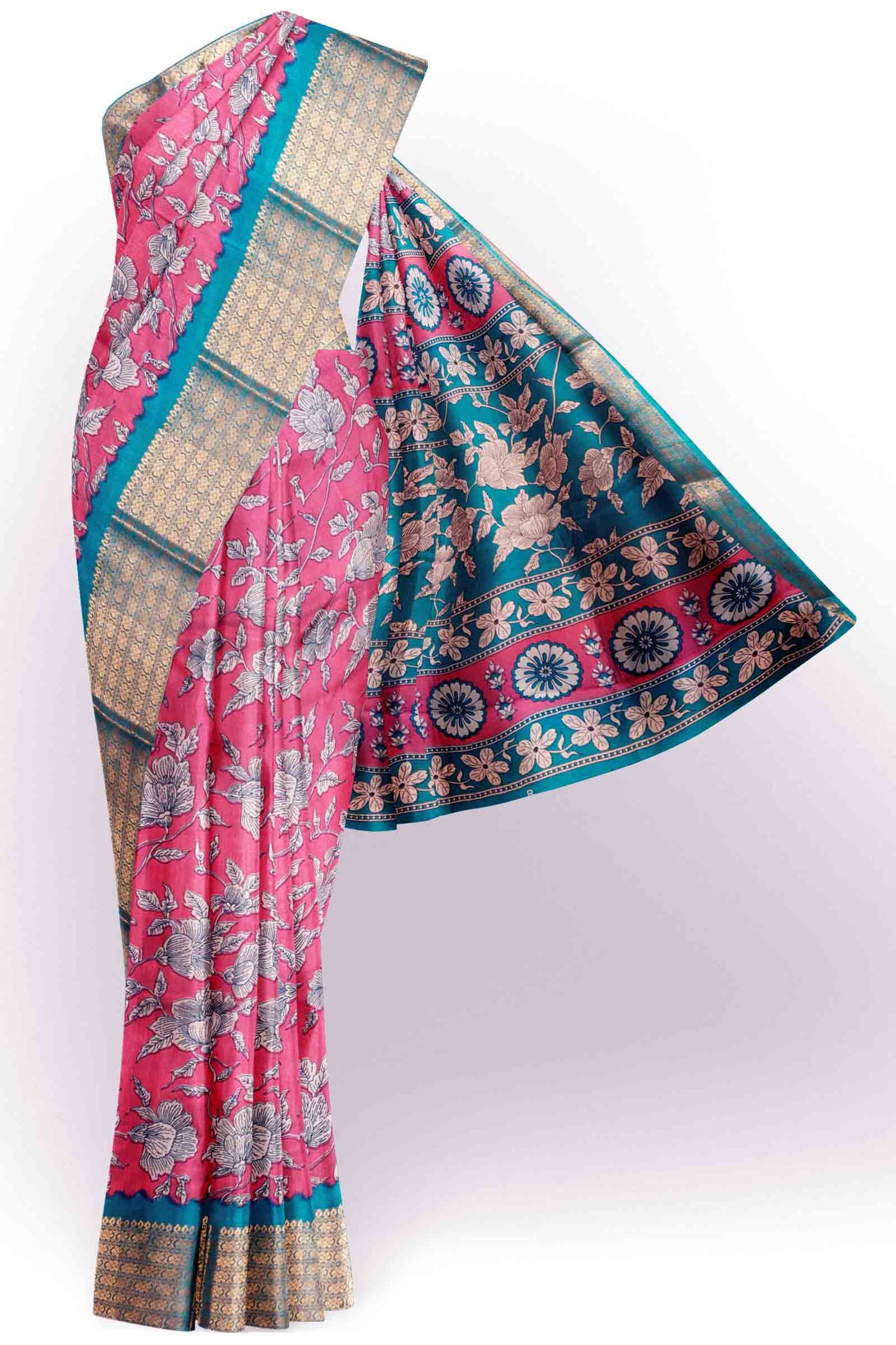 Pink  Semi Dola Flowers Print Zari Border Saree