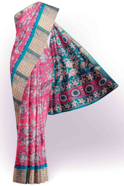 Pink  Semi Dola Flowers Print Zari Border Saree
