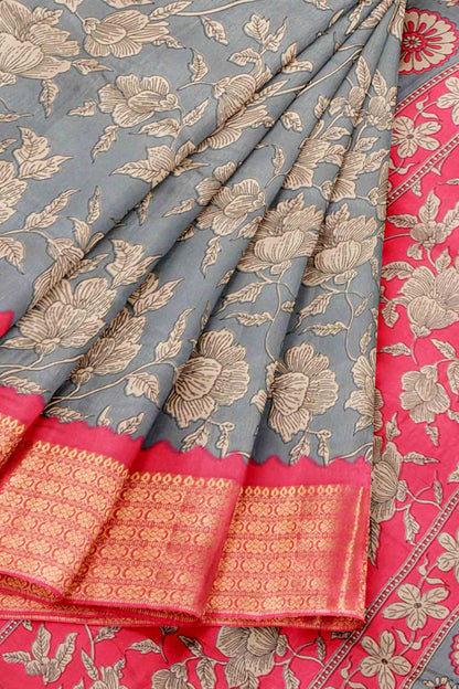 Dark Grey Semi Dola Pink Zari Border Saree