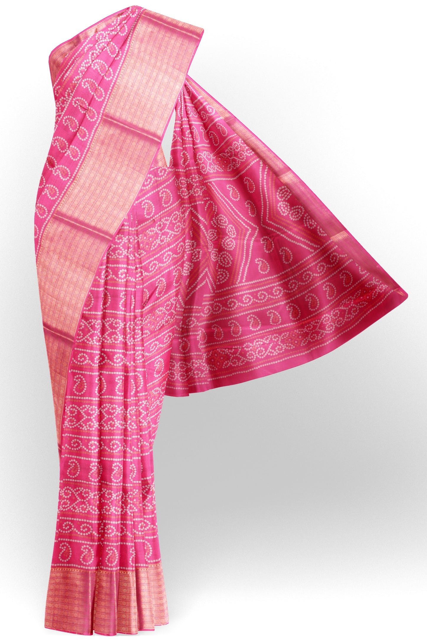 Hot Pink Semi Dola Rang Leela Print Zari Border Saree