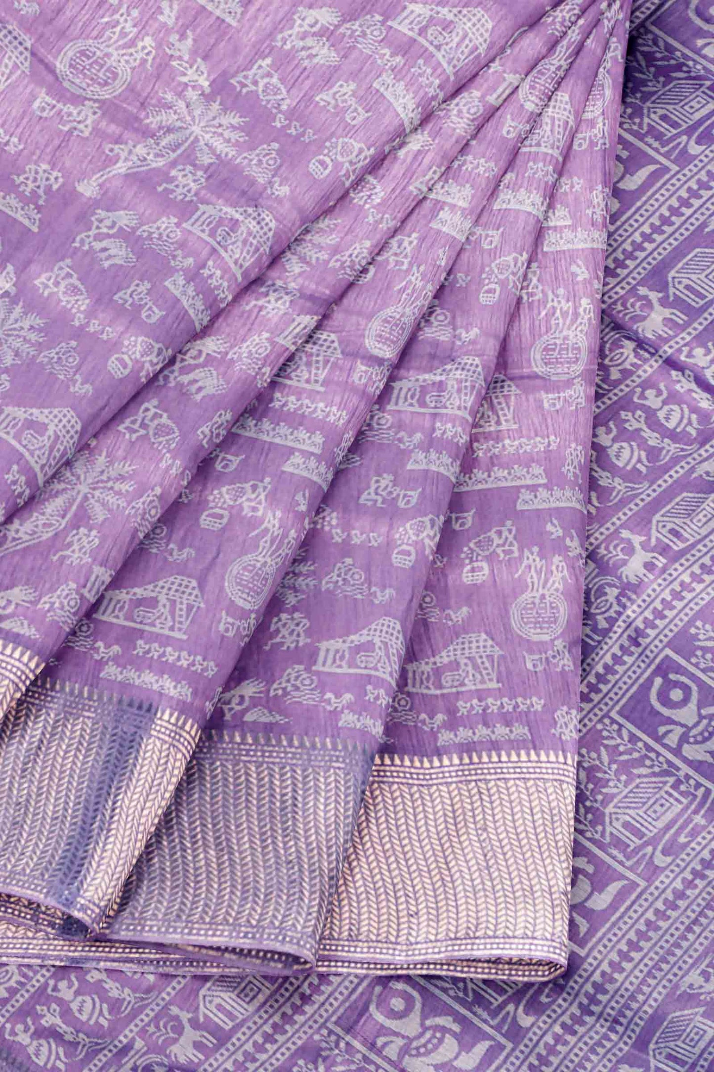 Light Voilet Semi Dola Warli Print Zari Border Saree