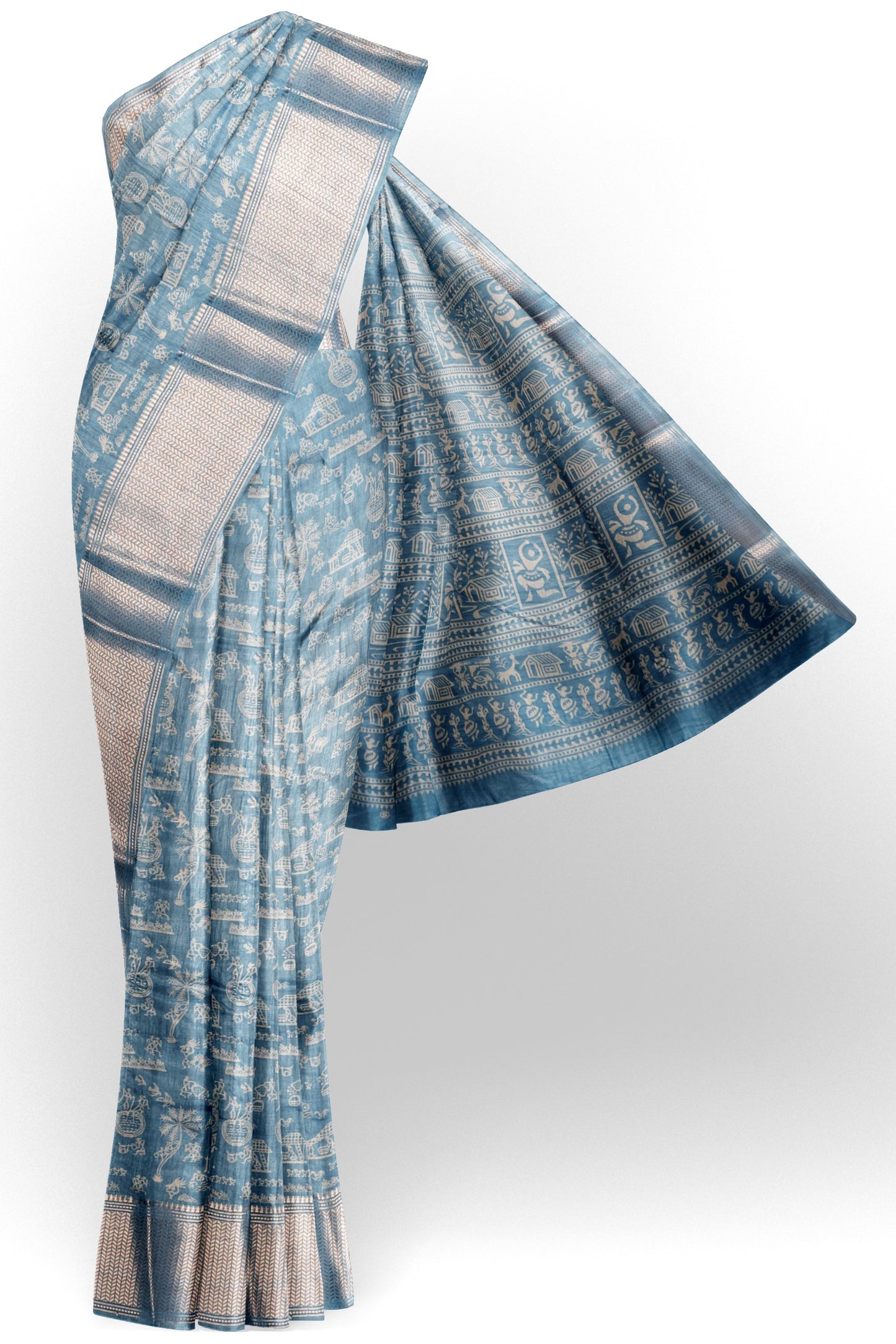 Grey Blue Semi Dola Warli Print Zari Border Saree