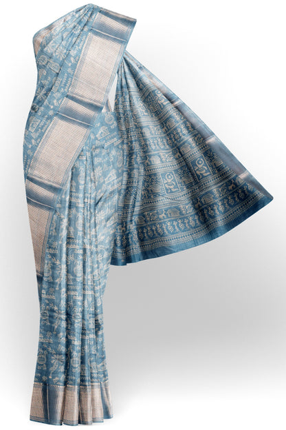 Grey Blue Semi Dola Warli Print Zari Border Saree