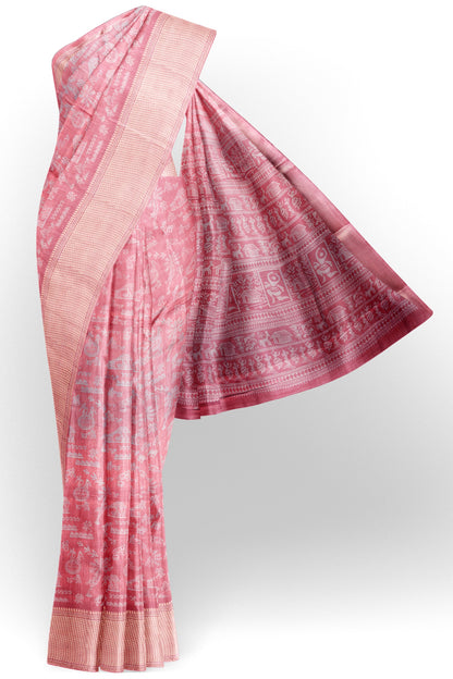 Pink Semi Dola Warli Print Zari Border Saree