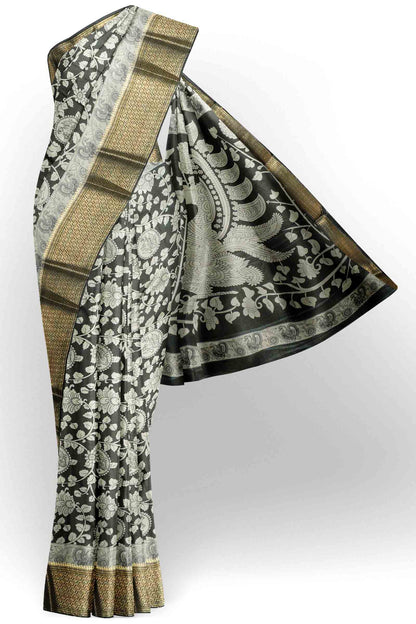 Black and white Semi Dola Peacock Florals Print Zari Border Saree