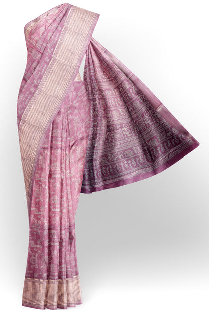 Light Violet Semi Dola Warli Print Zari Border Saree