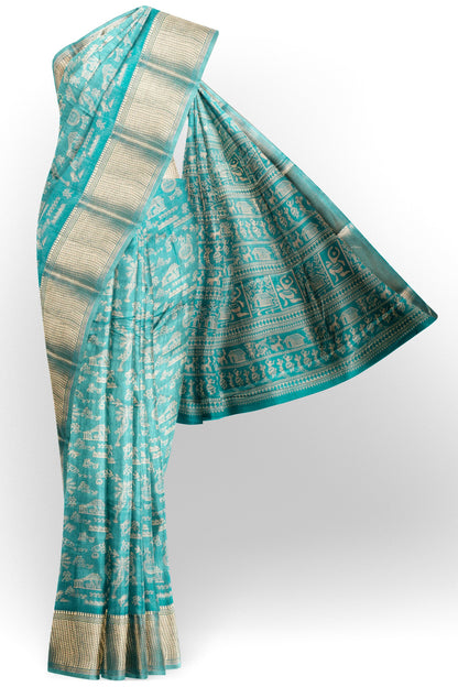 Blue Semi Dola Warli Print Zari Border Saree