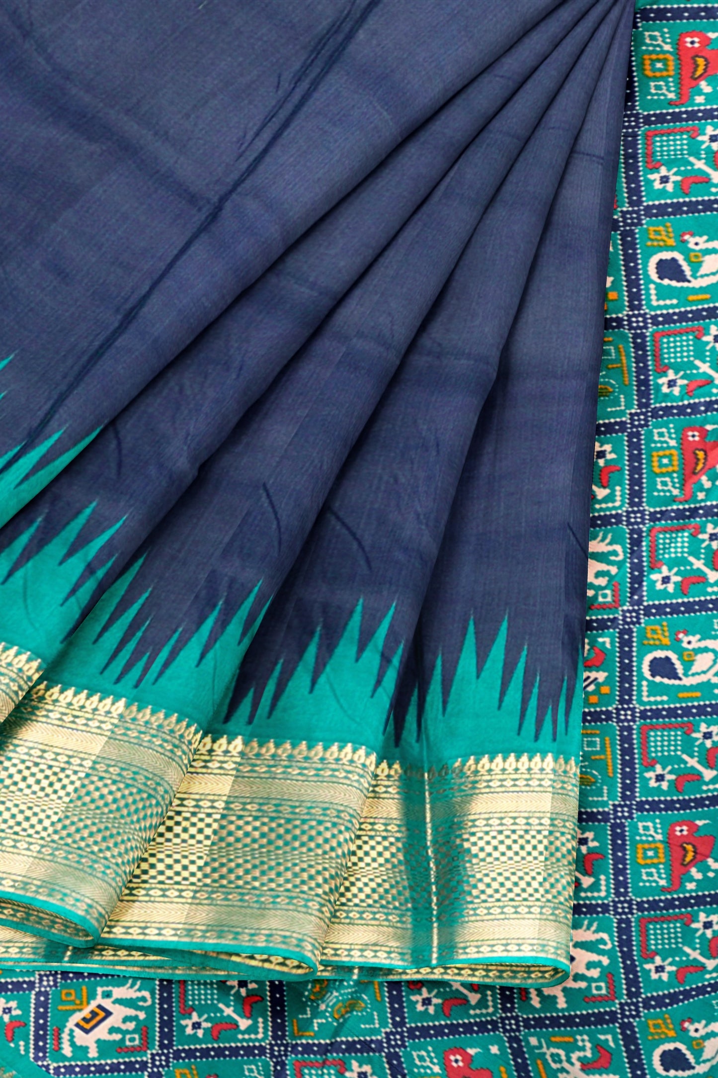 Navy Blue Semi Dola Green Zari Border Saree