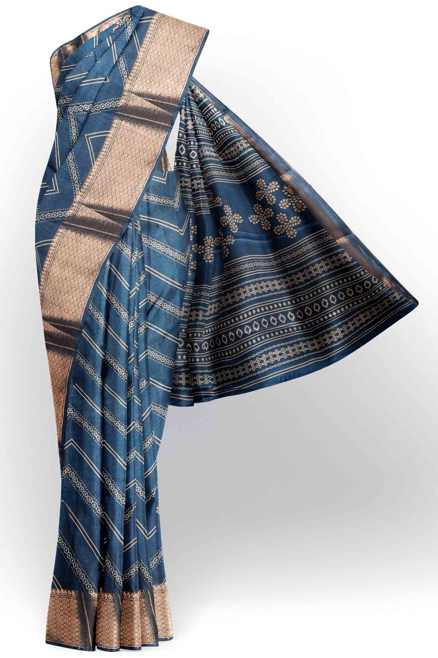 Royal Blue Semi Dola Fancy Stripes Print Zari Border Saree