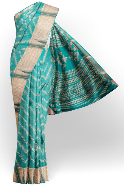 Blue Semi Dola Fancy Stripes Print Zari Border Saree