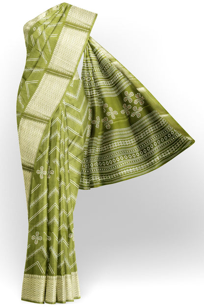 Olive Green Semi Dola Fancy Stripes Print Zari Border Saree