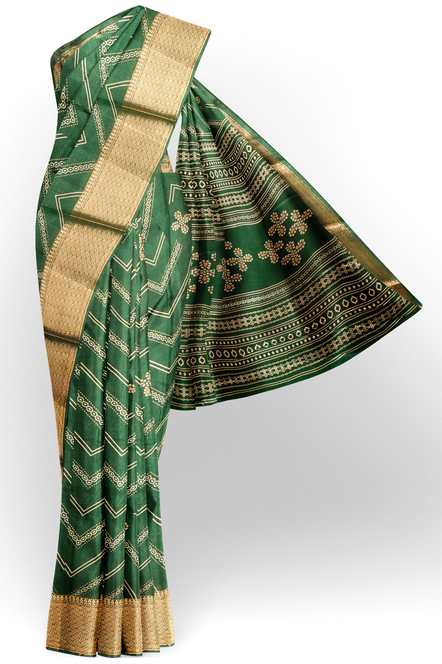 Green Semi Dola Fancy Stripes Print  Zari Border Saree