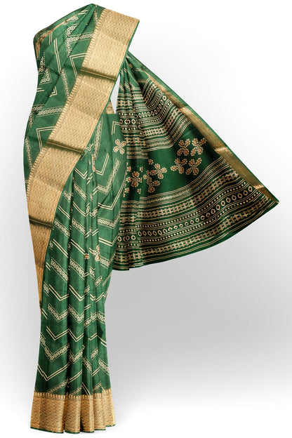 Green Semi Dola Fancy Stripes Print  Zari Border Saree