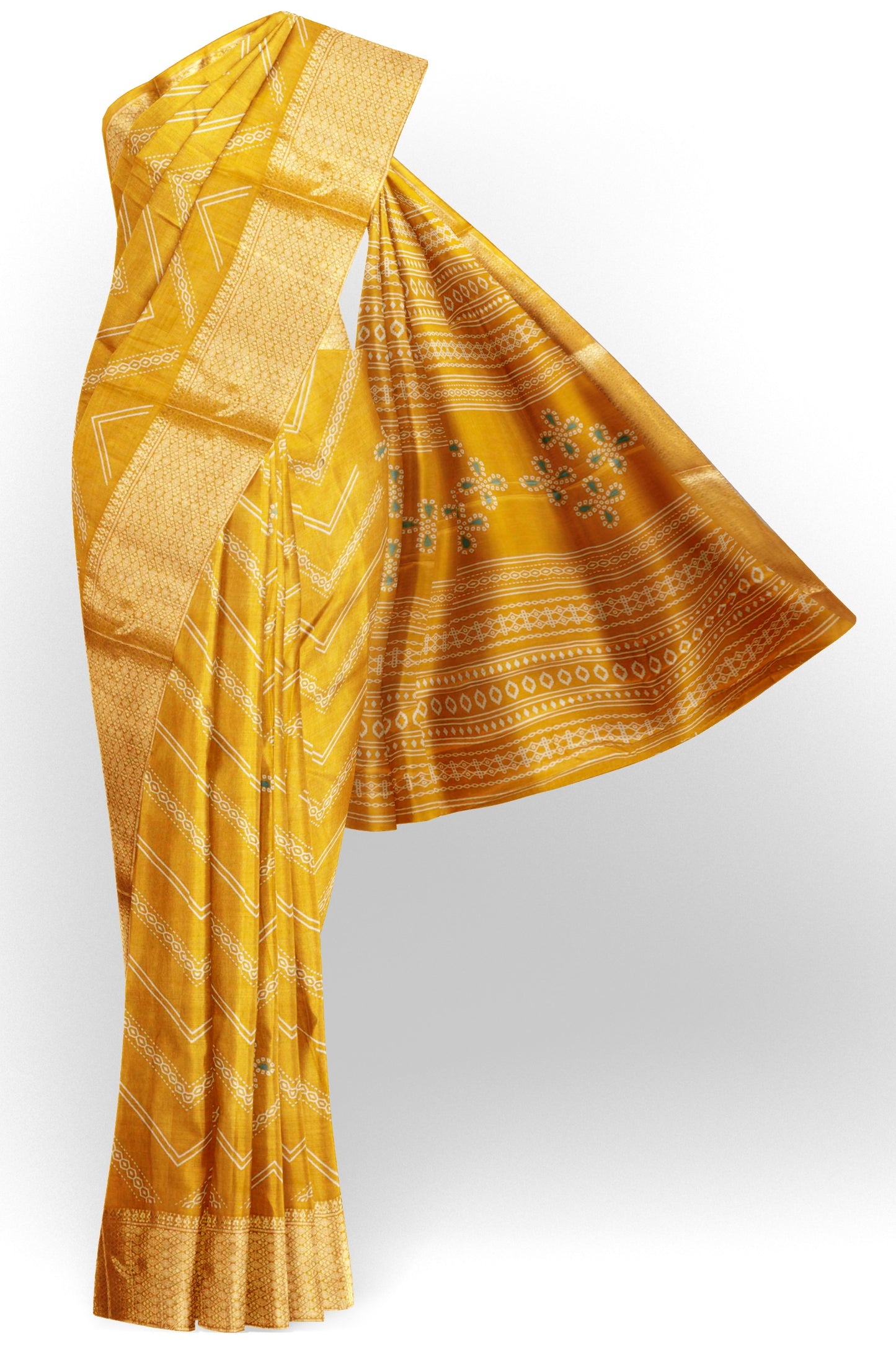 Golden Yellow Semi Dola Fancy Stripes Print Zari Border Saree
