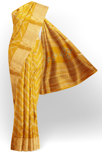 Golden Yellow Semi Dola Fancy Stripes Print Zari Border Saree