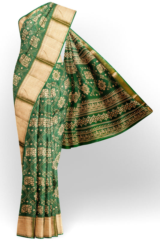 Green Semi Dola Floral Frames Print Zari Border Saree