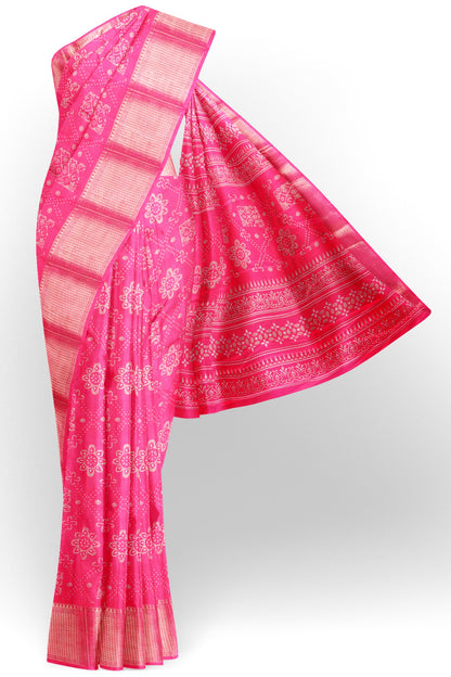 Pink Semi Dola Floral Frames Print Zari Border Saree