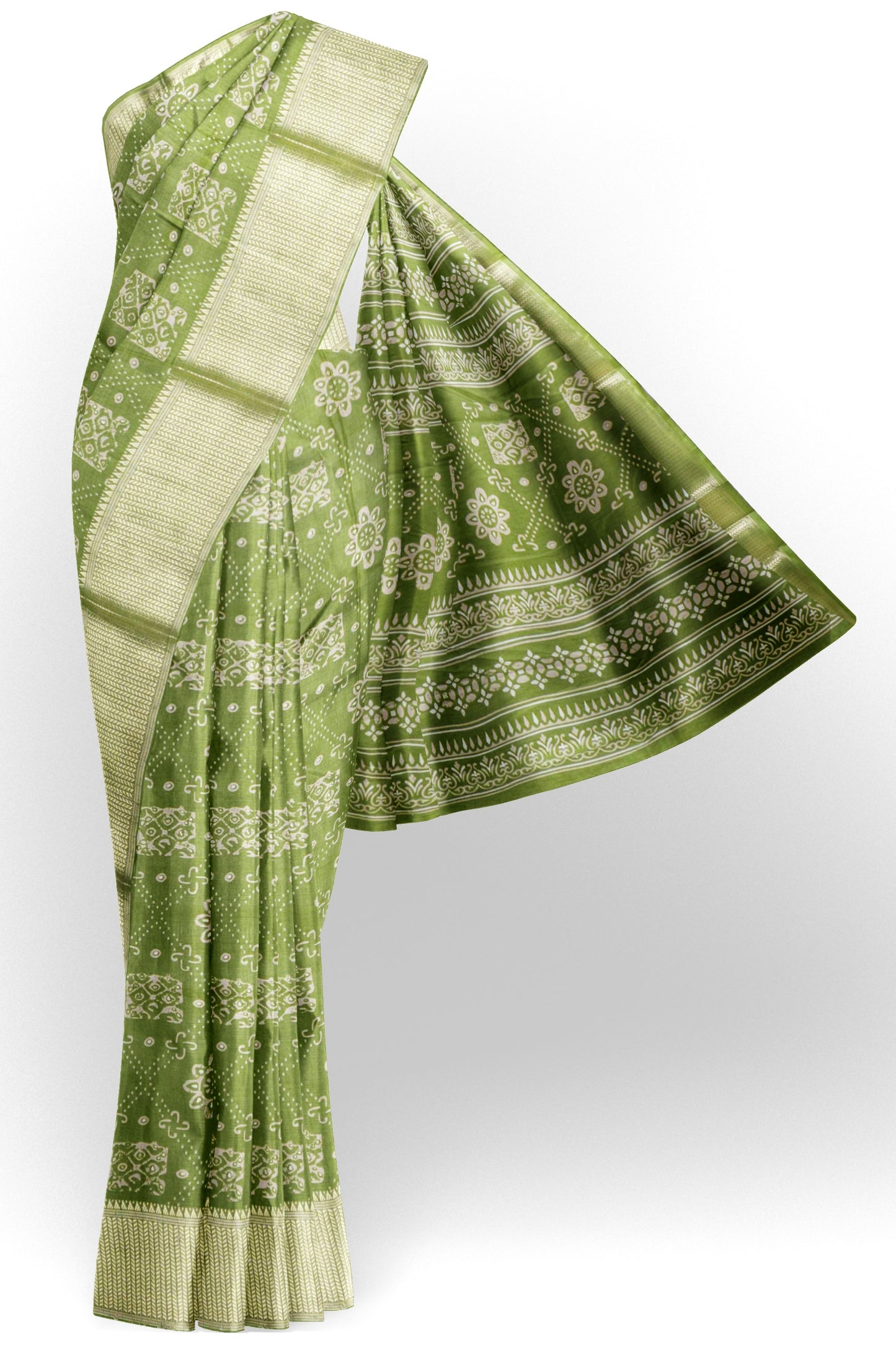 Olive Green Semi Dola Floral Frames Print Zari Border Saree