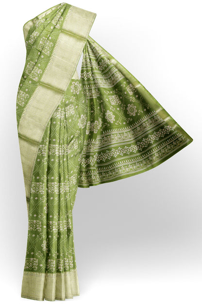 Olive Green Semi Dola Floral Frames Print Zari Border Saree