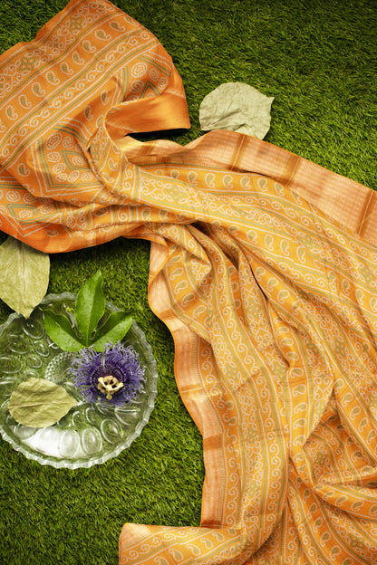 Golden Yellow Semi Dola Rangoli Print Zari Border Saree