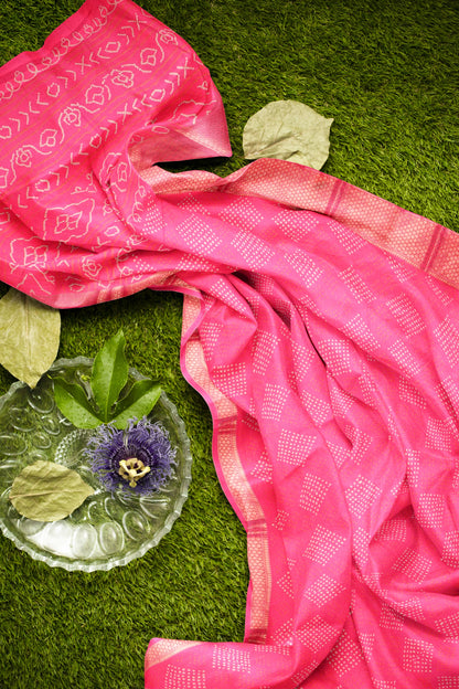 Hot Pink Semi Dola Mirror Dots Print Zari Border Saree
