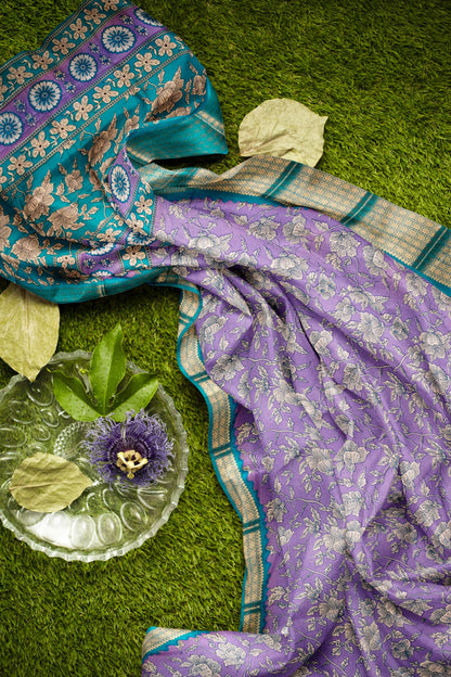 Violet Semi Dola Summer Florals Print Zari Border Saree