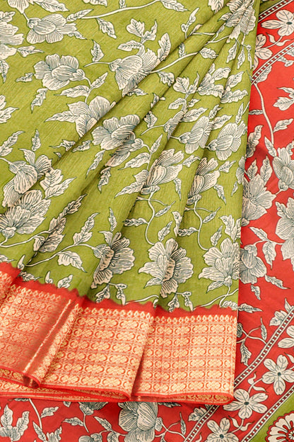 Olive Green Semi Dola Summer Florals Print Zari Border Saree