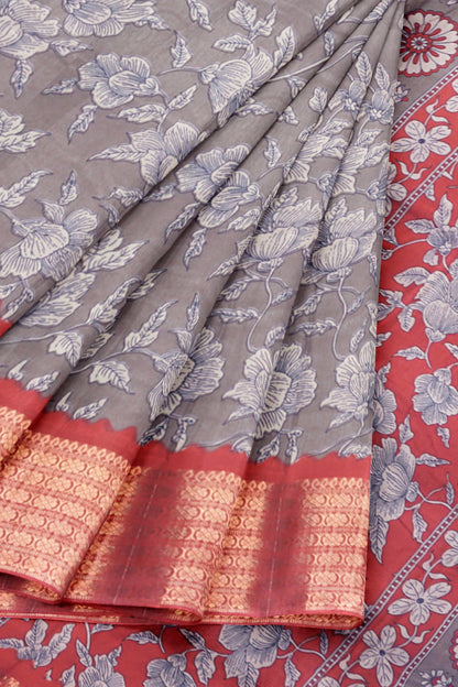 Dark Grey Semi Dola Maroon Zari Border Saree