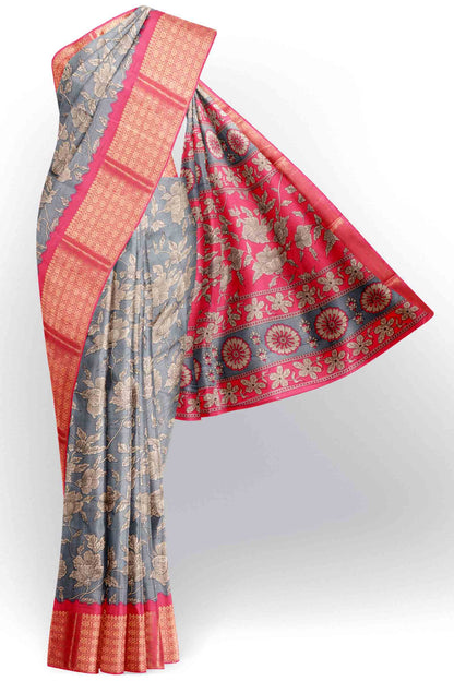 Dark Grey Semi Dola Pink Zari Border Saree