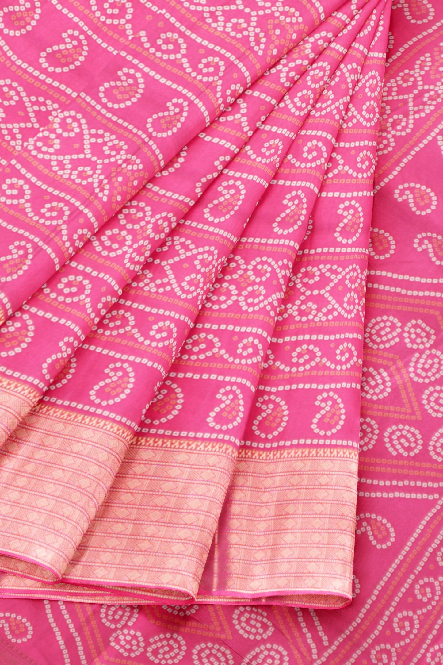 Hot Pink Semi Dola Rang Leela Print Zari Border Saree