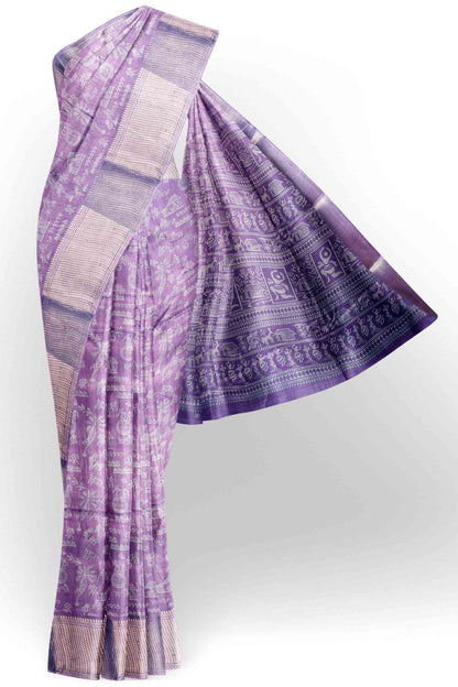 Light Voilet Semi Dola Warli Print Zari Border Saree