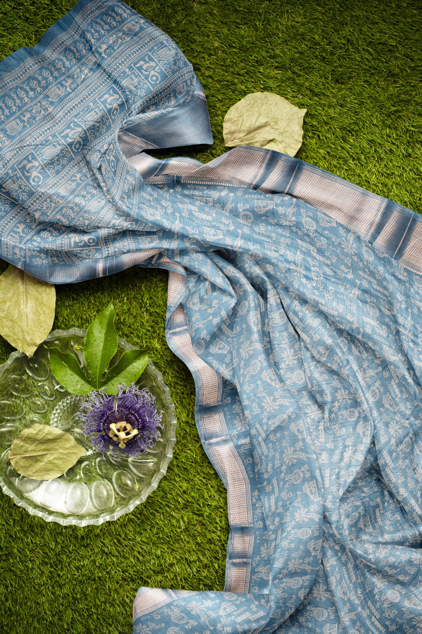 Grey Blue Semi Dola Warli Print Zari Border Saree