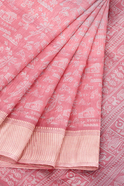 Pink Semi Dola Warli Print Zari Border Saree