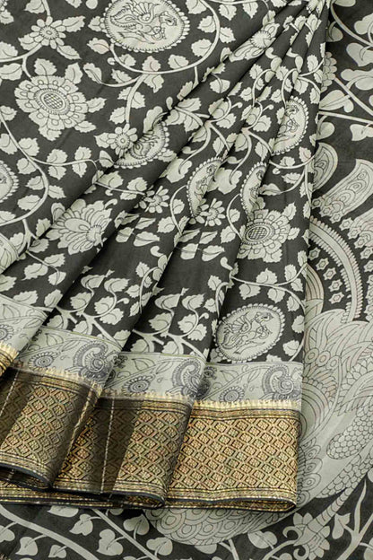 Black and white Semi Dola Peacock Florals Print Zari Border Saree