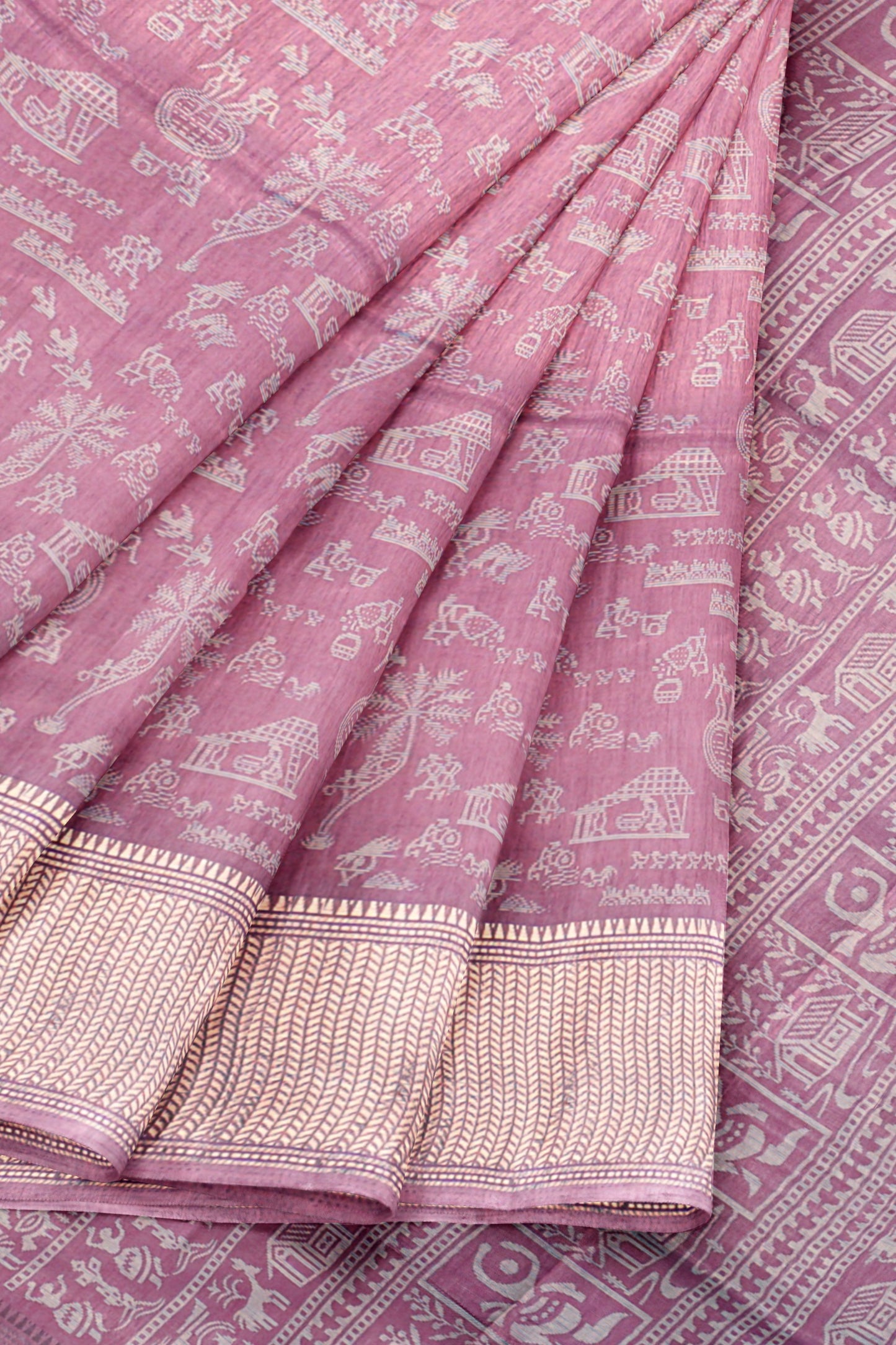 Light Violet Semi Dola Warli Print Zari Border Saree