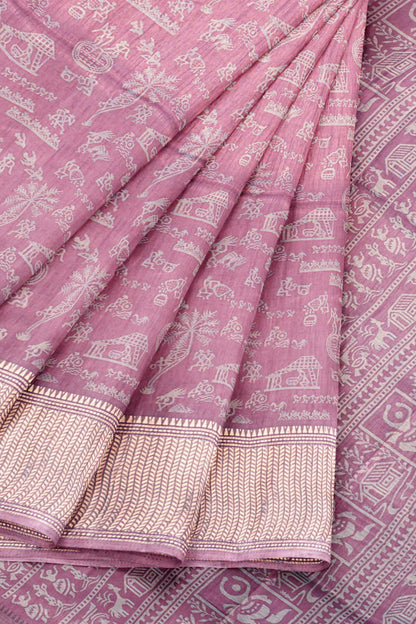 Light Violet Semi Dola Warli Print Zari Border Saree