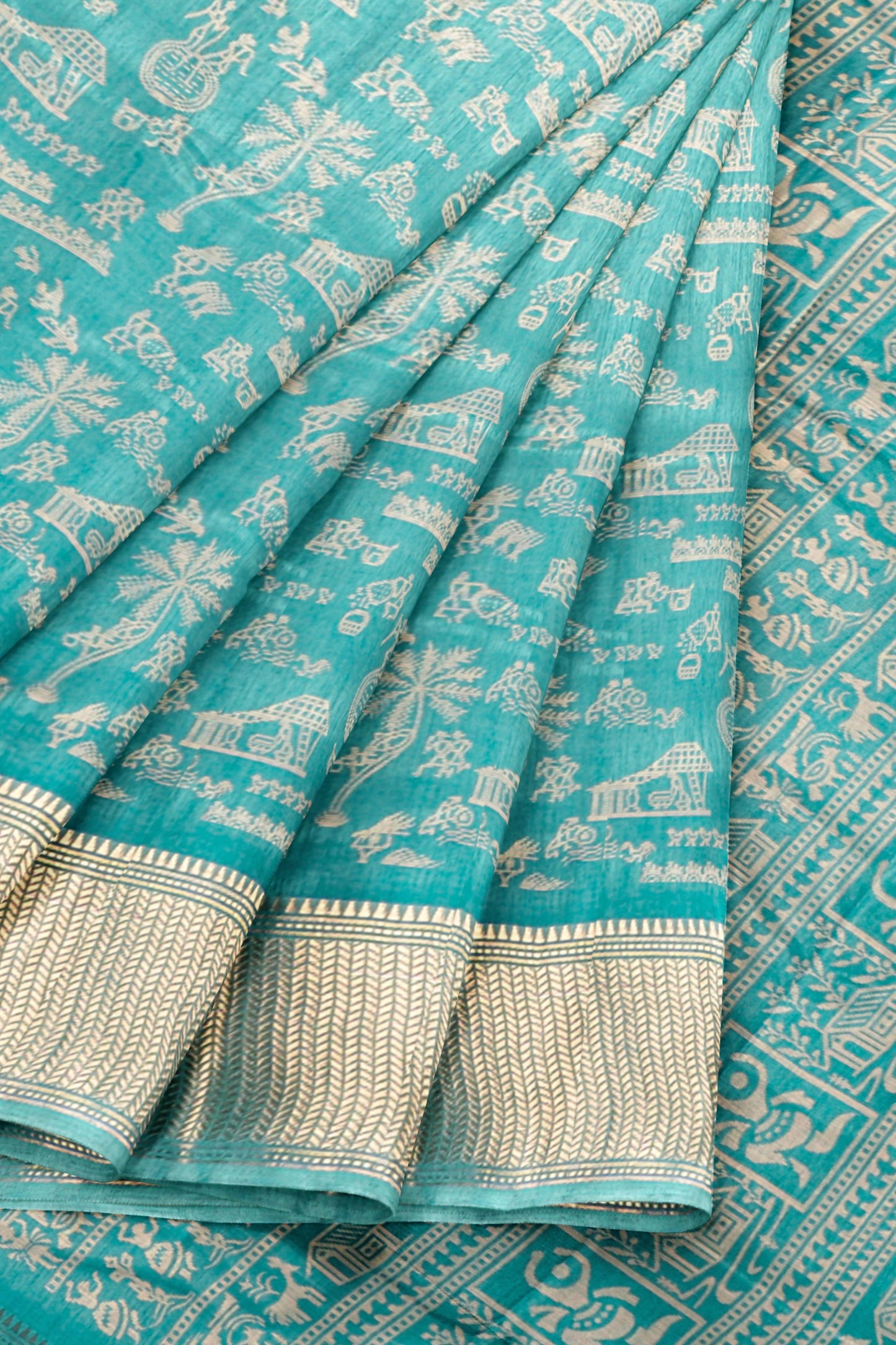 Blue Semi Dola Warli Print Zari Border Saree