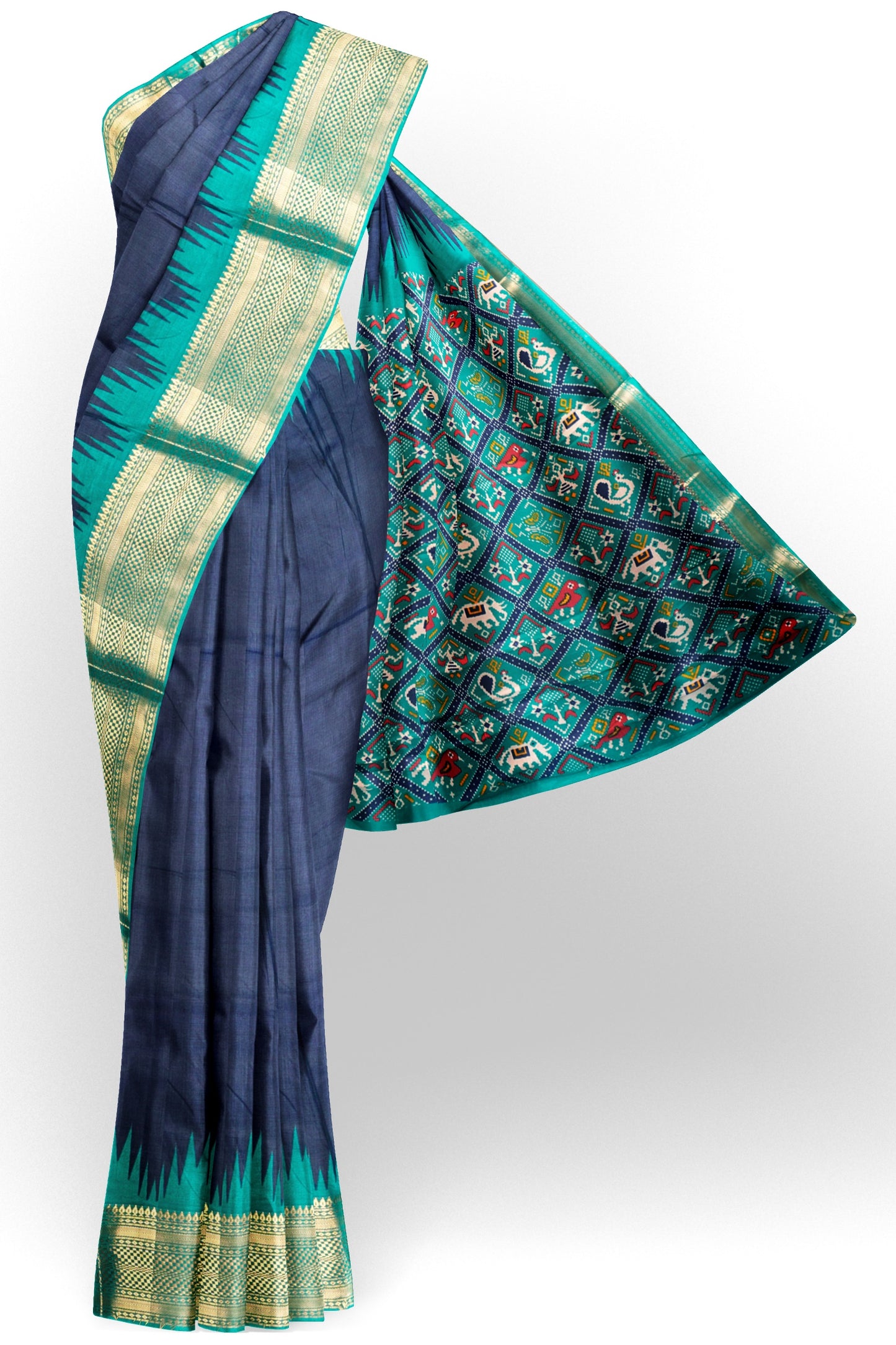 Navy Blue Semi Dola Green Zari Border Saree