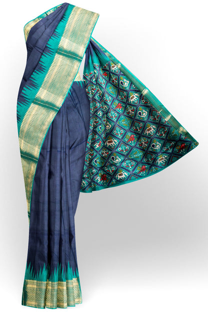 Navy Blue Semi Dola Green Zari Border Saree