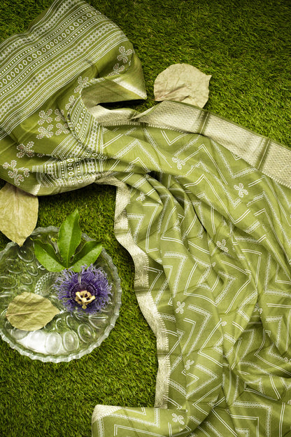 Olive Green Semi Dola Fancy Stripes Print Zari Border Saree