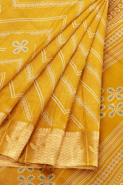 Golden Yellow Semi Dola Fancy Stripes Print Zari Border Saree
