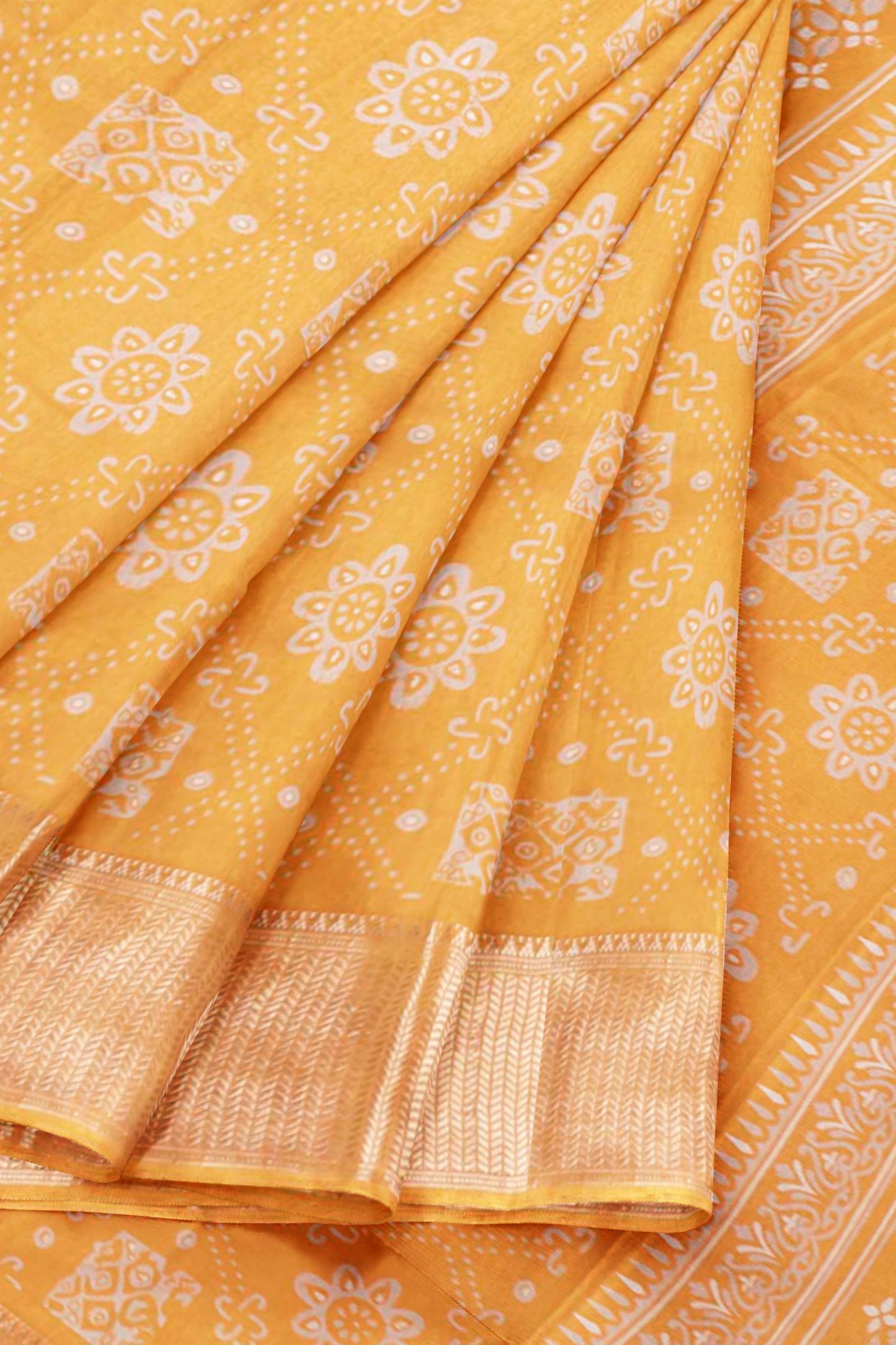 Dark Golden Yellow Semi Dola Floral Frames Zari Border Saree