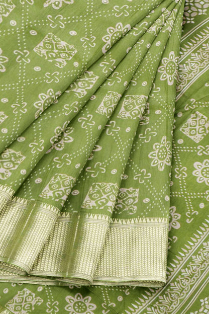 Olive Green Semi Dola Floral Frames Print Zari Border Saree