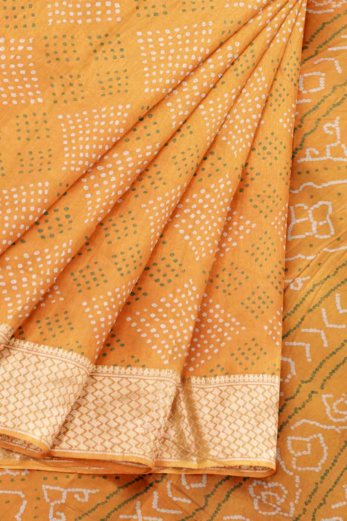 Dark Golden Yellow Semi Dola Dots Print Zari Border Saree
