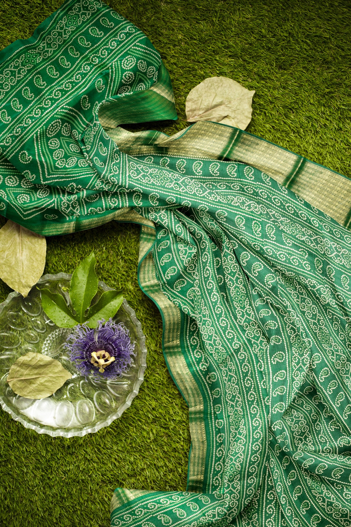 Green Semi Dola Rang Leela Print Zari Border Saree