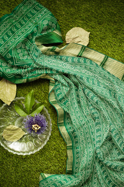 Green Semi Dola Rang Leela Print Zari Border Saree