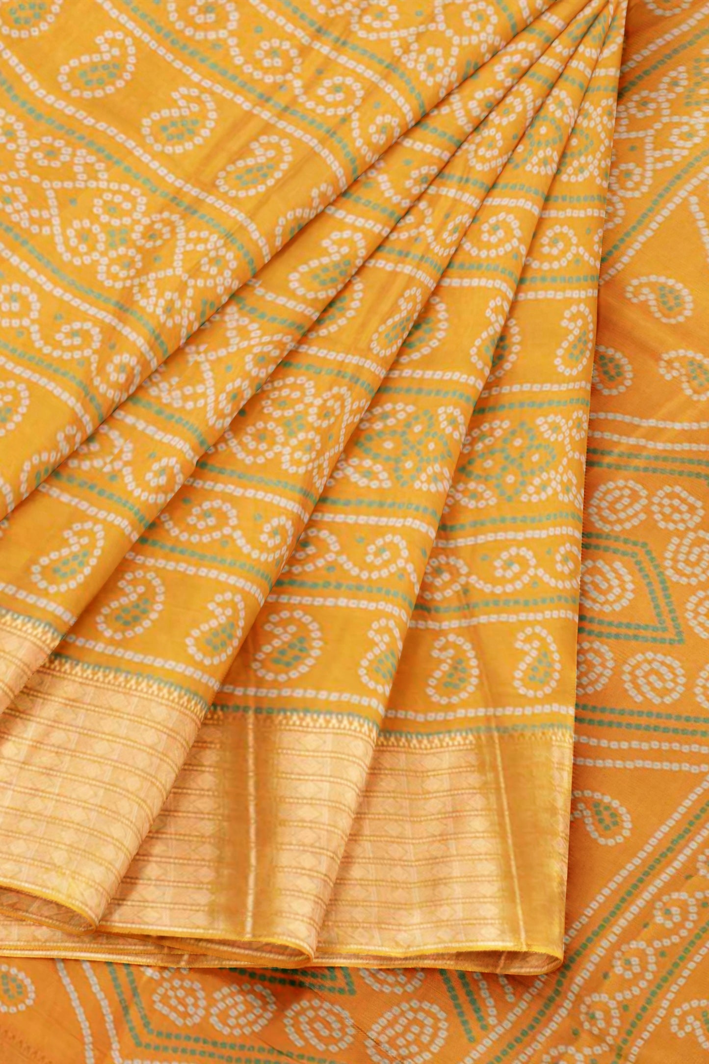 Golden Yellow Semi Dola Rangoli Print Zari Border Saree